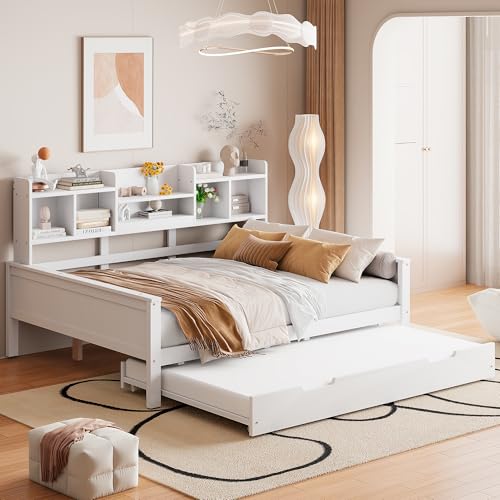 TOBIDOEN Multifunktionales Schlafsofa 140x200 cm mit Ausziehbett und Stauraum, Ausziehbares Tagesbett Daybed mit Staufach und Lattenrost, Mehreren Ablagefächern, Massivholzbett Gästebett (Weiß) von TOBIDOEN