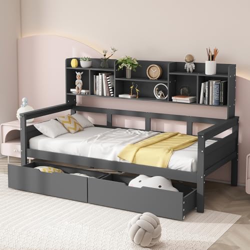 TOBIDOEN Multifunktionales Schlafsofa 90x200 cm mit Schubladen und Stauraum, Tagesbett Daybed mit Staufach und Lattenrost, Mehreren Ablagefächern, Massivholzbett Gästebett (Grau) von TOBIDOEN