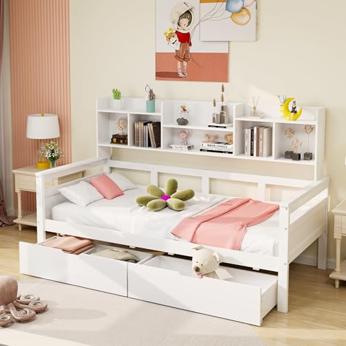 TOBIDOEN Multifunktionales Schlafsofa 90x200 cm mit Schubladen und Stauraum, Tagesbett Daybed mit Staufach und Lattenrost, Mehreren Ablagefächern, Massivholzbett Gästebett (Weiß) von TOBIDOEN