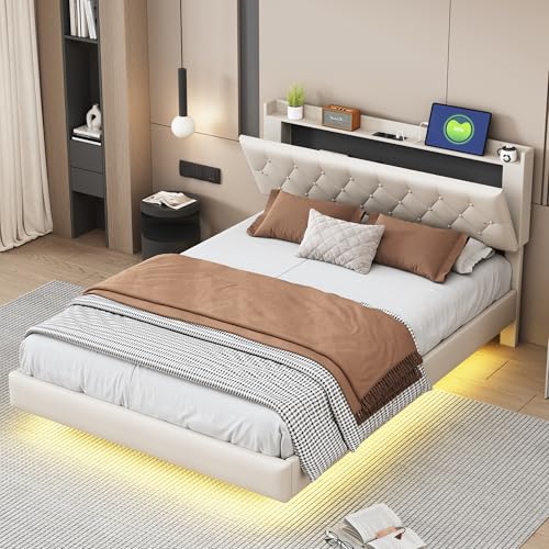 TOBIDOEN Multifunktionsbett Polsterbett 140x200 cm, Kopfteil aufklappbar mit Stauraum und Einlegeböde, Jugendbett Erwachsenenbett mit Lattenrost aus Holz, Doppelbett in Leinenstoff, Beige von TOBIDOEN