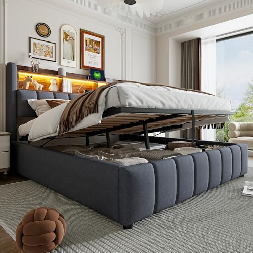TOBIDOEN Multifunktionsbett Polsterbett 180x200cm mit Bettkasten, LE/D und US/B, Kopfteil mit Einlegeböden und Stauraum, Erwachsenenbett Jugendbett, Doppelbett im Leinenstoff, Grau von TOBIDOEN