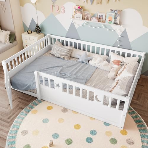 TOBIDOEN Paneelbett Kinderbett 140x190 cm Bodenbett mit Vierseitigem Sicherheitsgeländer, Stern- und Mond-Dekoration, Minimalistisches ohne Lattenrost und Matratze, Einfache Übertragung, Weiß von TOBIDOEN