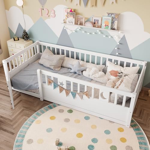 TOBIDOEN Paneelbett Kinderbett 90x190 cm Bodenbett mit Vierseitigem Sicherheitsgeländer, Stern- und Mond-Dekoration, Minimalistisches ohne Lattenrost und Matratze, Einfache Übertragung, Weiß TOBIDOEN Paneelbett Kinderbett 90x190 cm Bodenbett mit Vierseitigem Sicherheitsgeländer, Stern- und Mond-Dekoration, Minimalistisches ohne Lattenrost und Matratze, Einfache Übertragung, Weiß von TOBIDOEN