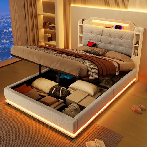 TOBIDOEN Polsterbett 140x200 cm Bettkasten mit Hydraulischer Stauraum, Doppelbett mit Atmosphärenfunktion rund ums Bett, US/B Gepolstertes Kopfteil mit Ablagefach, Leinen, Beige, Ohne Matratze TOBIDOEN Polsterbett 140x200 cm Bettkasten mit Hydraulischer Stauraum, Doppelbett mit Atmosphärenfunktion rund ums Bett, US/B Gepolstertes Kopfteil mit Ablagefach, Leinen, Beige, Ohne Matratze von TOBIDOEN