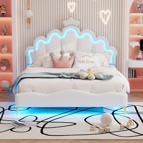 TOBIDOEN Polsterbett 140x200 cm Kronenförmiges Prinzessinnenbett, Bett mit Ambientesteuerung & Verstellbares Kopfteil für Schlafzimmer Kinderzimmer Wohnung, Ohne Matratze, PU-Leder Kinderbett, Weiß TOBIDOEN Polsterbett 140x200 cm Kronenförmiges Prinzessinnenbett, Bett mit Ambientesteuerung & Verstellbares Kopfteil für Schlafzimmer Kinderzimmer Wohnung, Ohne Matratze, PU-Leder Kinderbett, Weiß von TOBIDOEN