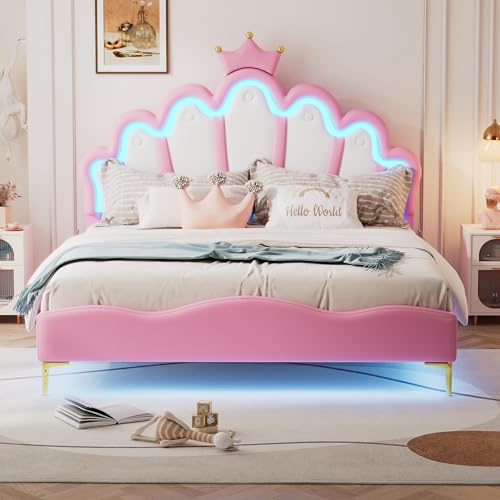 TOBIDOEN Polsterbett 140x200 cm Kronenförmiges Prinzessinnenbett, Bett mit Ambientesteuerung & Verstellbares Kopfteil für Schlafzimmer Kinderzimmer Wohnung, Ohne Matratze, PU-Leder Kinderbett, Rosa TOBIDOEN Polsterbett 140x200 cm Kronenförmiges Prinzessinnenbett, Bett mit Ambientesteuerung & Verstellbares Kopfteil für Schlafzimmer Kinderzimmer Wohnung, Ohne Matratze, PU-Leder Kinderbett, Rosa von TOBIDOEN
