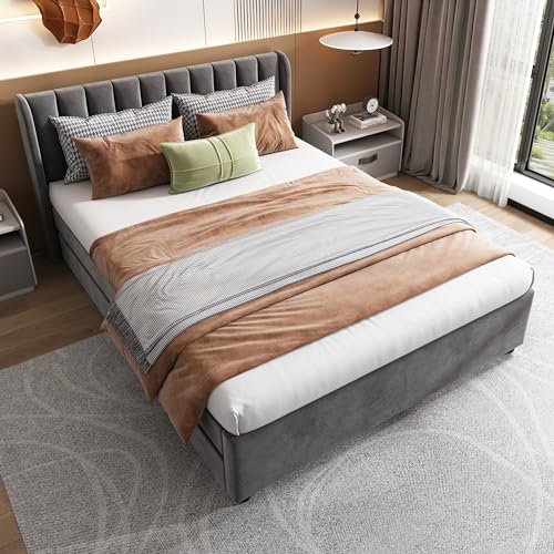 TOBIDOEN Polsterbett 140x200 cm Modernes Minimalistisches Zuhause, Samtstoff-Polsterbett mit 2 Stauraumschubladen unter dem Bett, Bettgestell mit Holzlatten Furzusatzlichen Halt, Grau TOBIDOEN Polsterbett 140x200 cm Modernes Minimalistisches Zuhause, Samtstoff-Polsterbett mit 2 Stauraumschubladen unter dem Bett, Bettgestell mit Holzlatten Furzusatzlichen Halt, Grau von TOBIDOEN