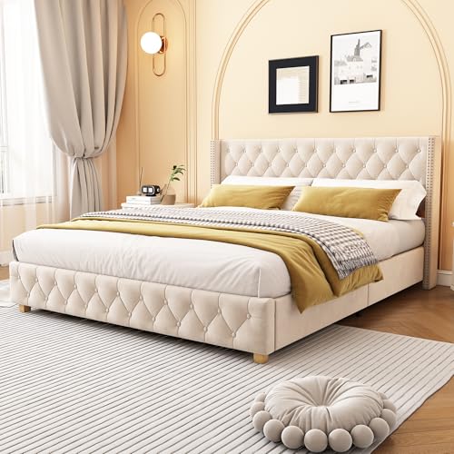 TOBIDOEN Polsterbett 180x200cm mit Lattenrost aus Holz, Elegante Gepolstert Kopfteil mit Knopfpolsterung und Nietenpolsterung, Robust Holzbeine, Doppelbett Erwachsenenbett, Samt, Beige von TOBIDOEN