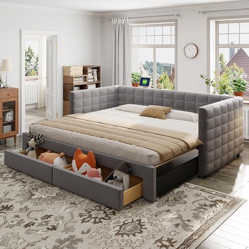 TOBIDOEN Polsterbett 3-in-1 Ausziehbett 90x190 cm Schlafsofa mit Rückenlehne, Mehrzweckbett mit Schubladen, Umbaubar zum Einzel- oder Doppelbett, Baumwoll-Leinen-Mischgewebe, Grau, Ohne Matratze von TOBIDOEN