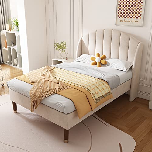 TOBIDOEN Polsterbett 90x200 cm mit Holzlattenunterstützung, Bett mit Bequem Gepolstertem und Stabiler Rückenlehne Kopfteil, Modernes Längsstreifendesign, Samtstoff, Ohne Matratze (Beige, 90x200) von TOBIDOEN