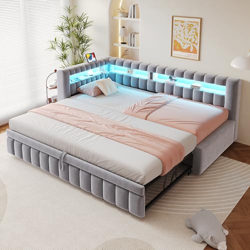 TOBIDOEN Polsterbett Ausziehbares Tagesbett 90x200 cm, L-förmige Rückenlehne mit Staufächern und Integrierte Atmosphären-Assist-Funktion, Auf die Gleiche Höhe Ausziehbett, Samtstoff - Hellgrau TOBIDOEN Polsterbett Ausziehbares Tagesbett 90x200 cm, L-förmige Rückenlehne mit Staufächern und Integrierte Atmosphären-Assist-Funktion, Auf die Gleiche Höhe Ausziehbett, Samtstoff - Hellgrau von TOBIDOEN