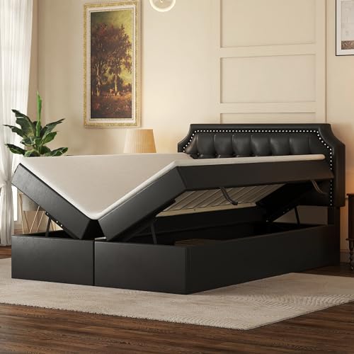 TOBIDOEN Polsterbett Doppelbett 140x200 cm mit Doppelt öffnender Bettkasten mit Stauraum, Bettrahmen PU-Stoff mit Lattenrost und Gepolstertem Kopfteil (Schwarz, Ohne Matratze) von TOBIDOEN