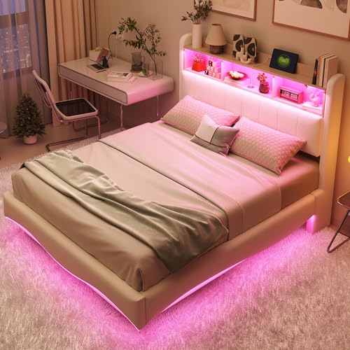 TOBIDOEN Polsterbett Doppelbett 140x200 cm mit LE/D Ambiente Funktion, Einzigartiges Funktionales Kopfteil mit Integriertem US/B und Staufach, Gestell aus Leinenstoff, Praktisches Wohndesign, Beige TOBIDOEN Polsterbett Doppelbett 140x200 cm mit LE/D Ambiente Funktion, Einzigartiges Funktionales Kopfteil mit Integriertem US/B und Staufach, Gestell aus Leinenstoff, Praktisches Wohndesign, Beige von TOBIDOEN