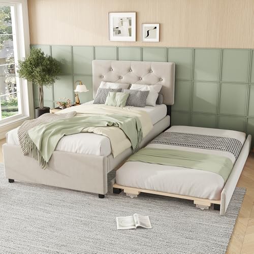 TOBIDOEN Polsterbett Kinder 90x200 cm mit Ausziehbett, Bett Ausziehbar zum Doppelbett, Jugendbett Kinderbett Rollbett mit Lattenrost für Jungen und Mädchen, Ohne Matratze, Samtstoff (Beige) von TOBIDOEN