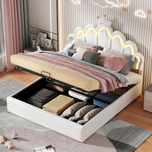 TOBIDOEN Polsterbett Prinzessinnenbett 140x200 cm mit Stauraum unter dem Bett, Ambientemodus & Verstellbares Kopfteil, Geeignet für Schlafzimmer Kinderzimmer, Ohne Matratze, PU-Leder Kinderbett, Weiß von TOBIDOEN