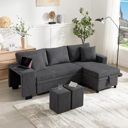 TOBIDOEN Polstersofa 3 Sitzer aus Cordstoff mit Schlaffunktion, Multifunktionales US/B Sofa mit Seitenablagen und Stauraum, Breite Armlehnen Dienen als Tisch und Beweglicher Hocker (Grau) von TOBIDOEN