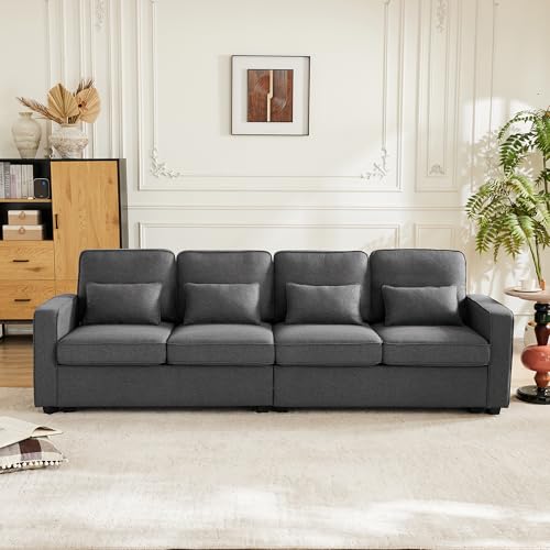 TOBIDOEN Polstersofa 4-Sitzer-Sofa aus Leinenstoff, Schlichtes Sofa mit Armlehnentaschen und 4 Kissen, Mehrpersonensofa Geeignet für Wohnzimmer/Wohnung/Büro (Dunkelgrau-Leinen) von TOBIDOEN