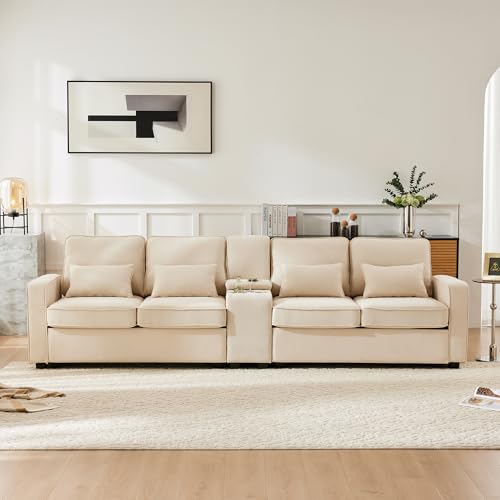 TOBIDOEN Polstersofa 4-Sitzer-Sofa aus Leinenstoff mit Konsolenfunktion und 2 Getränkehaltern, Mehrpersonensofa mit Armlehnentaschen und 4 Kissen für Wohnzimmer/Wohnung/Büro (Beige-Leinen) von TOBIDOEN