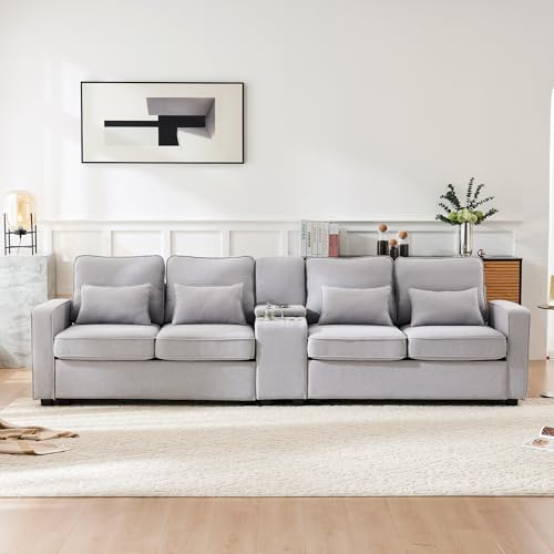 TOBIDOEN Polstersofa 4-Sitzer-Sofa aus Leinenstoff mit Konsolenfunktion und 2 Getränkehaltern, Mehrpersonensofa mit Armlehnentaschen und 4 Kissen für Wohnzimmer/Wohnung/Büro (Grau-Leinen) von TOBIDOEN