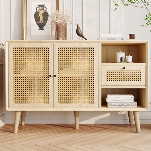 TOBIDOEN Rattan Kommode mit 1 Schubladen und 2 Magnetische Türen, Sideboard mit Massivholz Beine, Schwarz Metall Bügelgriff, verstellbare Ablagen, Komodenschrank für Schlafzimmer 120x40x80cm (Eiche) TOBIDOEN Rattan Kommode mit 1 Schubladen und 2 Magnetische Türen, Sideboard mit Massivholz Beine, Schwarz Metall Bügelgriff, verstellbare Ablagen, Komodenschrank für Schlafzimmer 120x40x80cm (Eiche) von TOBIDOEN