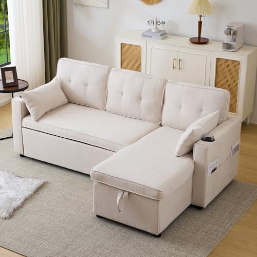 TOBIDOEN Schlafsofa L-förmiges Sofa 3 Sitzer mit Getränkehalter und Schlaffunktion, Stauraum unter der Lounge, Links und Eechts Austauschbar, Gepolsterter Baumwoll- und Leinenstoff (Beige) von TOBIDOEN