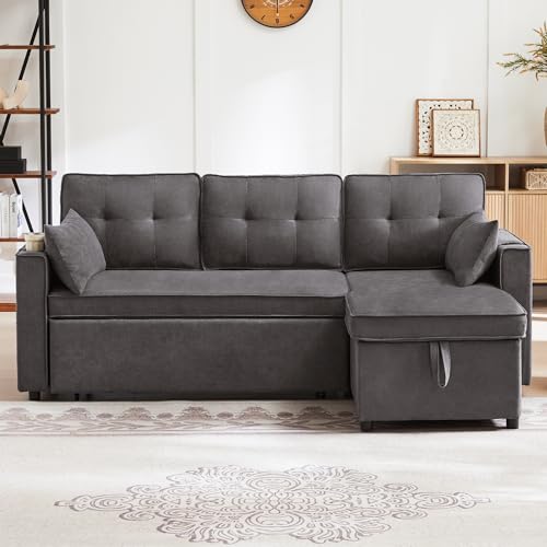 TOBIDOEN Schlafsofa L-förmiges Sofa 3 Sitzer mit Getränkehalter und Schlaffunktion, Stauraum unter der Lounge, Links und Eechts Austauschbar, Gepolsterter Baumwoll- und Leinenstoff (Grau) von TOBIDOEN