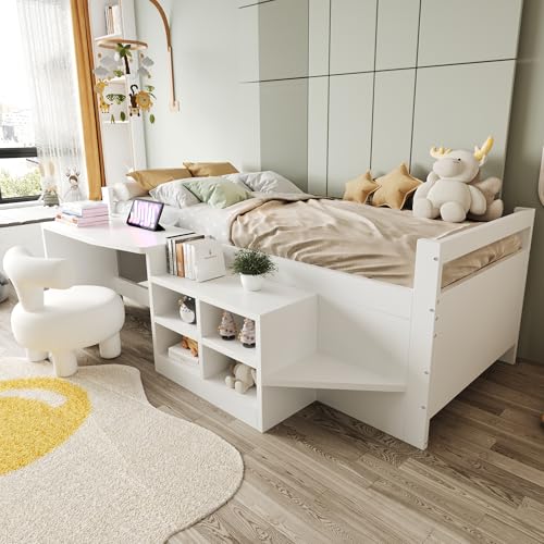 TOBIDOEN Schrankbett Kinderbett 90×200 cm mit Dreiecksleiter, Bettseite mit US/B Tisch auf Gleicher Höhe und Staufächer, Wandbett Jugendbett Bettgestell mit Lattenrost, Kiefernholz+MDF, Weiß von TOBIDOEN