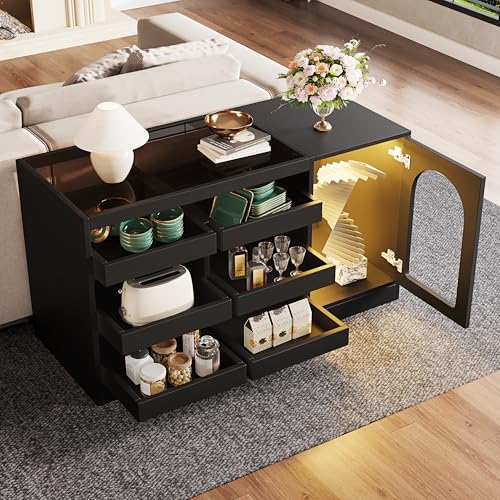 TOBIDOEN Schwarzer Sideboard Schubladenschrank 120 x 40 x 75 cm, Küchenschrank Schwarz mit 6 Schubladen und Große offener Stauraum, Hohlschranktür, Glasvitrine an der Oberseite TOBIDOEN Schwarzer Sideboard Schubladenschrank 120 x 40 x 75 cm, Küchenschrank Schwarz mit 6 Schubladen und Große offener Stauraum, Hohlschranktür, Glasvitrine an der Oberseite von TOBIDOEN