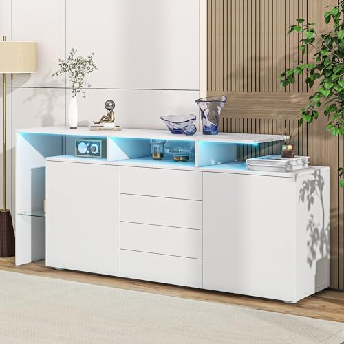 TOBIDOEN Sideboard Wohnzimmer Weiß mit Große Stauraum, Mehrzweckschrank Aufbewahrungsschrank mit 4 Schubladen, 2 Schränke und mehrere offene Räume, TV-Schrank 160x35x70cm (A) von TOBIDOEN