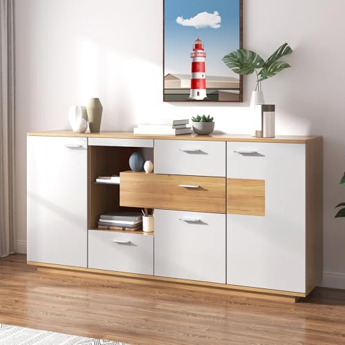 TOBIDOEN Sideboard Wohnzimmer Weiß mit Große Stauraum, Mehrzweckschrank Aufbewahrungsschrank mit 4 Schubladen, 2 Schränke und offene Räume, Holzfarbe+Weiß, 160x40x77cm (C) von TOBIDOEN