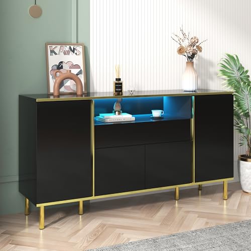 TOBIDOEN Sideboard Wohnzimmer mit goldenen Beinen, Hochglänzende Komodenschrank mit Schublade, Offene Regale und 6 Ablageflächen mit 4 Türen, Aufbewahrungsschrank Küche, 150x40x80cm (Schwarz) von TOBIDOEN