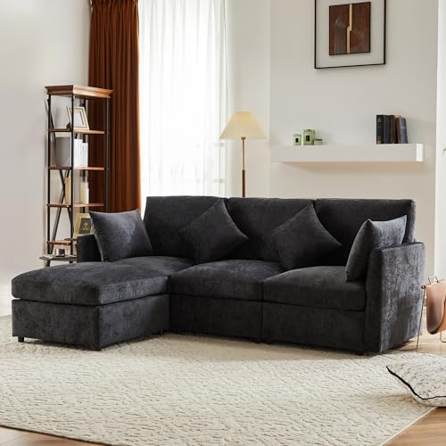 TOBIDOEN Sofa Polstersofa aus Chenillestoff für 3-4 Personen, L-förmiges Couch mit Armlehnen und Beweglichem Fußhocker für Wohnung Wohnzimmer, Leicht zusammenzubauendes, Grau von TOBIDOEN