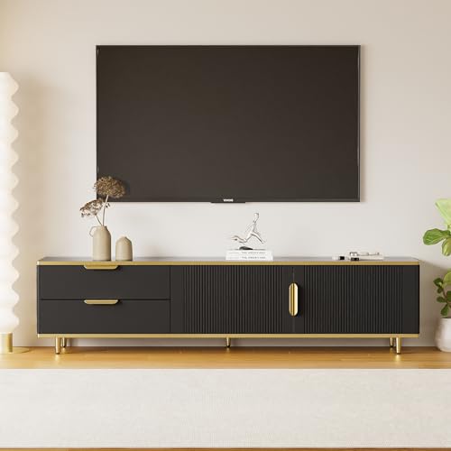 TOBIDOEN TV-Schrank Fernsehkommode Lowboard mit Zwei Schubladen 175x40x45cm, Zwei Türen mit geschnitzter Textur, goldenen Griffen und Füßen, Sideboard TV mit Marmorstruktur (A-Schwarz) von TOBIDOEN