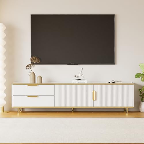 TOBIDOEN TV-Schrank Fernsehkommode Lowboard mit Zwei Schubladen 175x40x45cm, Zwei Türen mit geschnitzter Textur, goldenen Griffen und Füßen, Sideboard TV mit Marmorstruktur (A-Weiß) von TOBIDOEN