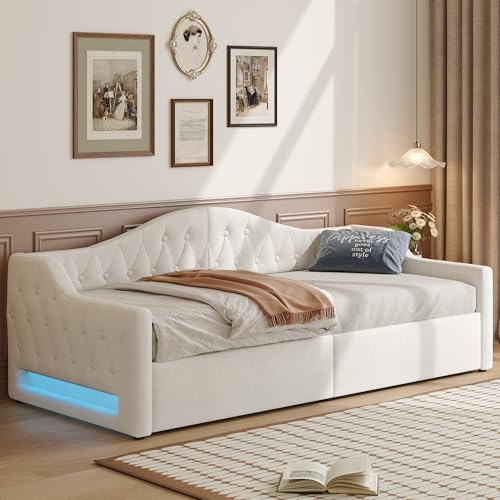 TOBIDOEN Tagesbett 90x200 Schlafsofa im Wohnzimmer und Schlafzimmer, Großzügiger Stauraum unter dem Bett, Atmosphäre Schaffende Funktionen, Moderner Wohnstil, Leinenstoff, Ohne Matratze, Beige von TOBIDOEN