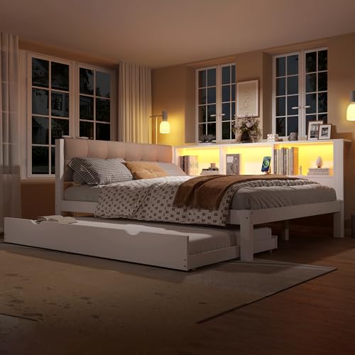 TOBIDOEN Tagesbett Schlafsofa 140x200cm mit Ausziehbett 90x190cm, Modernes Wohndesign, Daybett mit Offenen Staufächern im Ambiente-Rendering, Leinen Weiche Rückenlehne, Kiefer - Weiß von TOBIDOEN