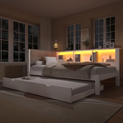TOBIDOEN Tagesbett Schlafsofa 90x200cm mit Ausziehbett 90x190cm, Modernes Wohndesign, Daybett mit Offenen Staufächern im Ambiente-Rendering, Leinen Weiche Rückenlehne, Kiefer - Weiß von TOBIDOEN