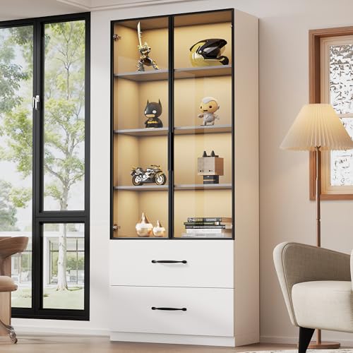 TOBIDOEN Vitrinenschrank mit Eingebauter Ambientefunktion und 2 Schubladen, Glasvitrine mit Hartglastüren und Sanft Schließenden Scharnieren, Aufbewahrungs- und Sammerschrank, Weiß 60×40×160 cm von TOBIDOEN