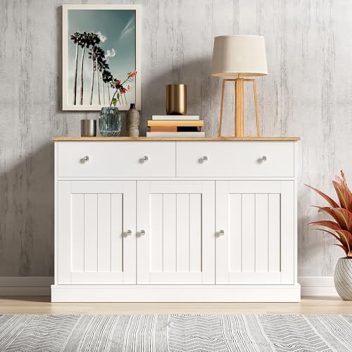 TOBIDOEN Wohnzimmer Sideboard Weiß und Holzfarbe mit DREI Türen und Zwei Schubladen, Küchenschrank mit weißer Holzmaserung, Holzfarbe Tischplatte, für Esszimmer Flur, 120x36x80.5cm (C) von TOBIDOEN