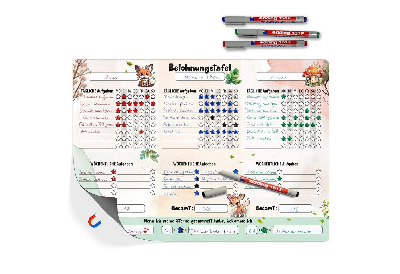 TOBJA Magnettafel A3 Belohnungstafel [Waldtiere] +4 Stifte Kinder magnetisch, (Set), Belohnungssystem magnetisch inkl. 4 Bunte Markenstifte von TOBJA