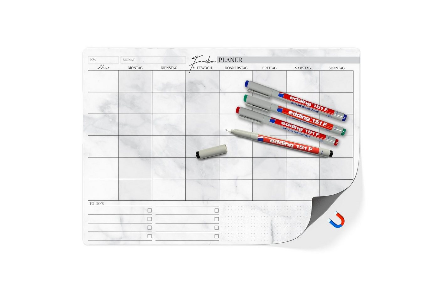 TOBJA Magnettafel A3 Familienplaner magnetisch +4 Stifte quer, (Set), Wochenplaner abwischbar Kalender von TOBJA