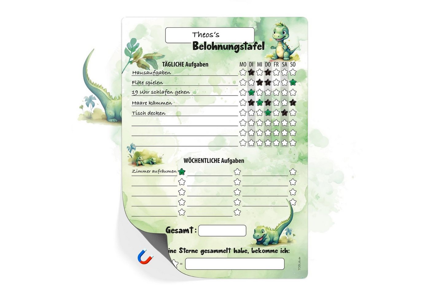 TOBJA Magnettafel Belohnungstafel Kinder A4 magnetisch, (Packung), Töpfchentraining und Alltagsroutinen mit Dino Design von TOBJA