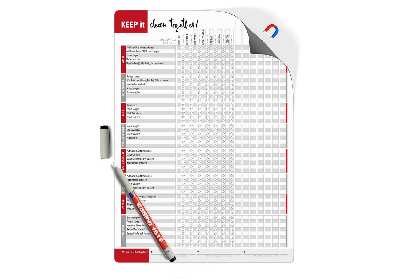 TOBJA Magnettafel Haushaltsplaner A4 Magnetfolie" wiederbeschreibbar + Stift, (Spar-Set), WG" von TOBJA