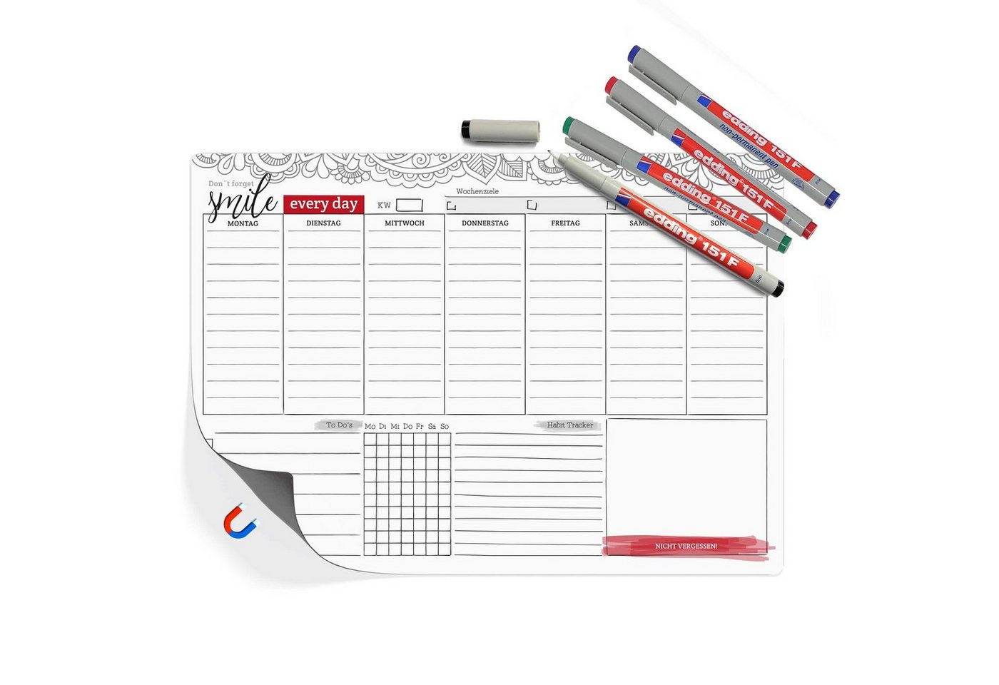 TOBJA Magnettafel Magnetischer Wochenplaner + Habit Tracker und To-Do-Liste, (Spar-Set), Abwischbarer Organizer inklusive 4 Markenstifte DIN A4 von TOBJA