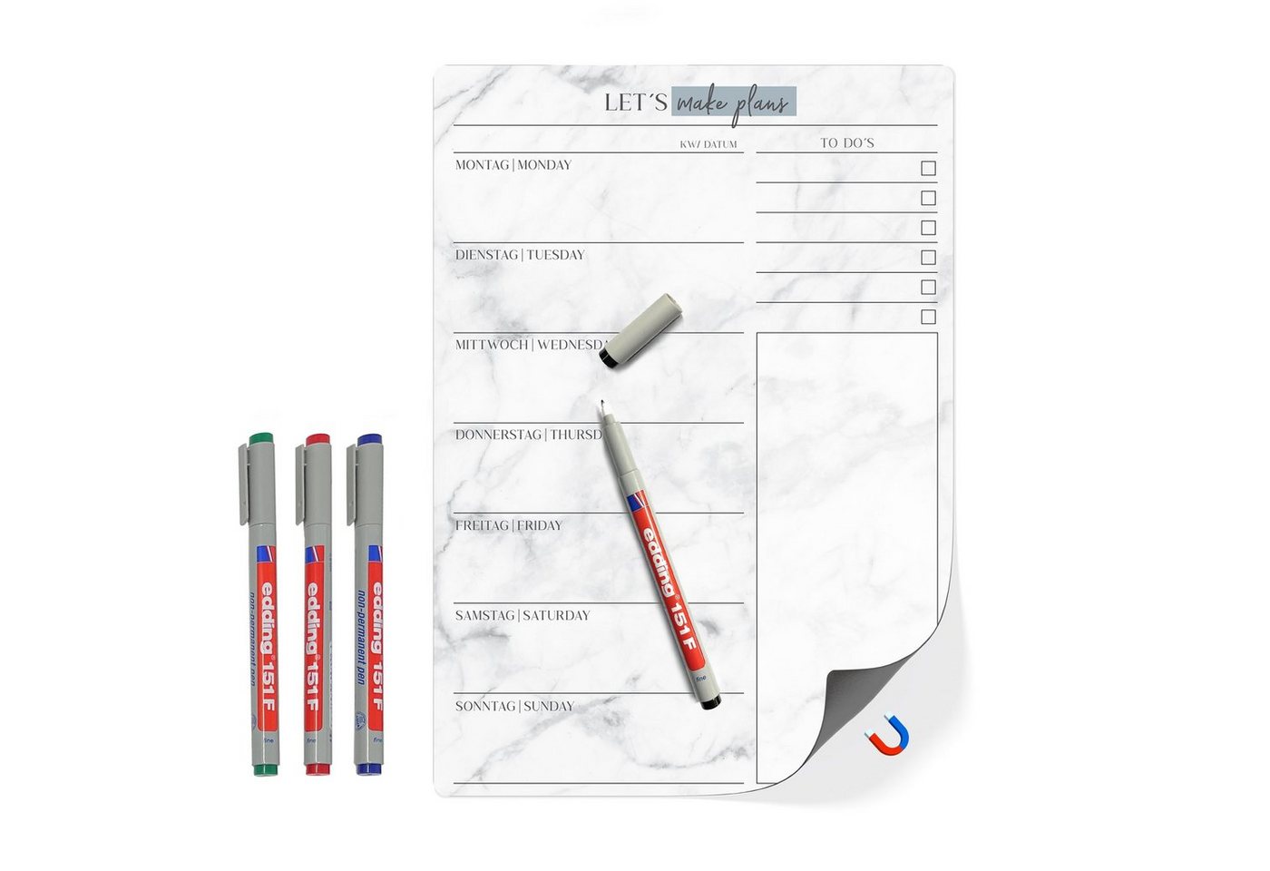 TOBJA Magnettafel Menüplaner A4 Magnetfolie" + 4 edding Stifte, (Spar-Set), Essensplaner Woche abwischbar, Magnettafel Küche Whiteboard" von TOBJA