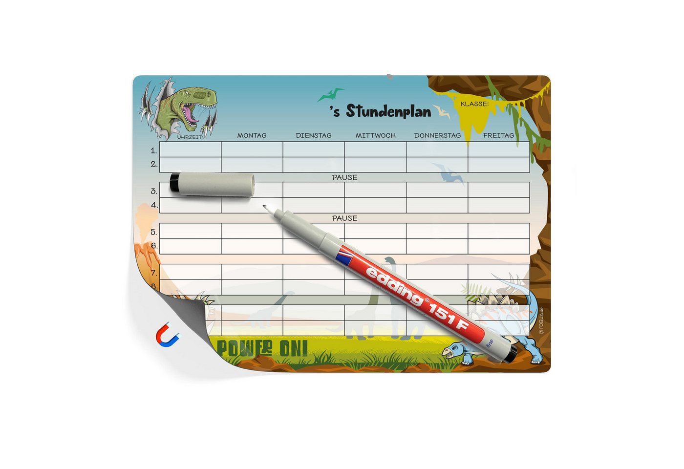 TOBJA Magnettafel Stundenplan A4 Dino Magnetfolie" wiederbeschreibbar + Stift, (Spar-Set), Grundschule" von TOBJA