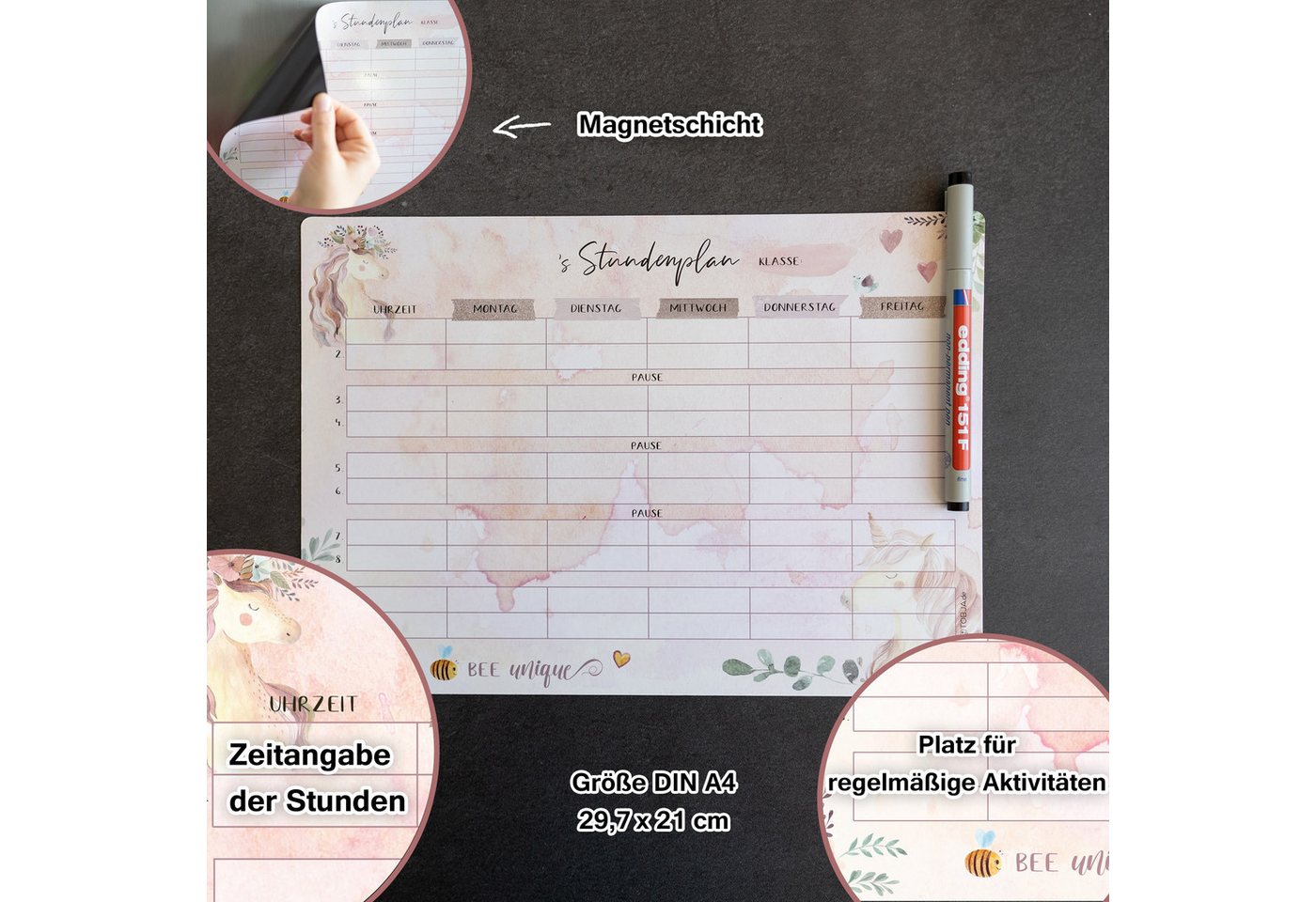 TOBJA Magnettafel Stundenplan A4 Einhorn Magnetfolie" +1 Stift wiederbeschreibbar, (Spar-Set), Grundschule" von TOBJA