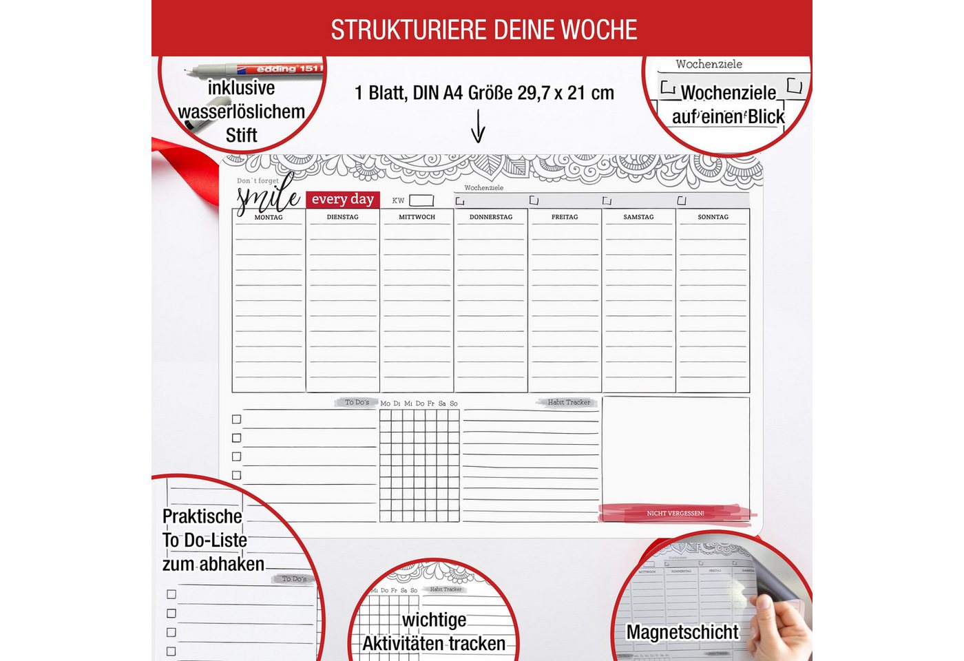 TOBJA Magnettafel Wochenplaner A4 Magnetfolie" wiederbeschreibbar + Stift, (Spar-Set), abwischbar" von TOBJA