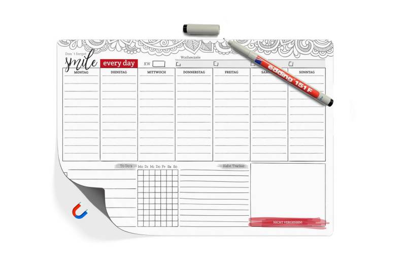 TOBJA Magnettafel Magnetischer Wochenplaner A4 wiederbeschreibbar + Markenstift, Abwischbar mit to-do Liste und Ziele. Wochenkalender von TOBJA