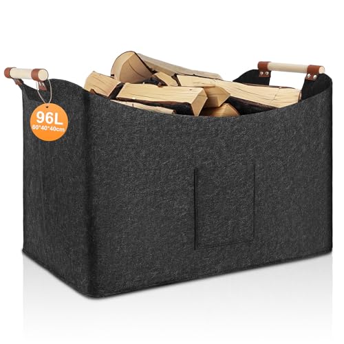 TOBWOLF 96L faltbarer Kaminholzkorb, Filztasche, 60 x 40 x 40 cm, XXL Holzkorb mit Tragegriffen, Filzkorb, extra dicker Filz und verstärkter Griff Aufbewahrungskorb für Einkäufe und Zeitungen von TOBWOLF
